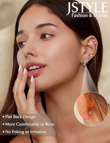 Jstyle Hypoallergenic Silver Stud Hoop Earrings for Women Small Flat Back Surgical Stainless Steel Earrings for Sensitive Ears Trendy Silver Hoops Cartilage Earring Stack Set Multiple Piercing Jewelry