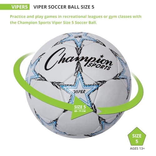 Champion Sports Viper Soccer Ball, Size 5 – Soft Touch TPU Cover, Airlock Bladder – Ages 12 & Up – Blue/Black/White