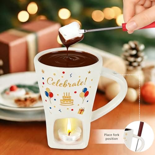 HANEVEAR Chocolate Fondue Mug, Mini Personal Chocolate Melting Mug with 2 Forks and 2 Tealights, Ceramic Fondue Cup for Cheese, Butter - Birthday Gift, Date Night & Wedding Celebrations (Red) — view 4