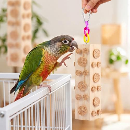 Bird Foraging Toy Parakeet Toys for Budgie, Conure, Cockatiel, Lovebird, and Small to Medium Parrots, 2 Pack Hanging Parrot Toy with 92 Detachable Corks, Natural Wood — view 4