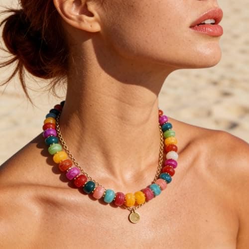 Bowdcvy Chunky Beaded Statement Necklace for Women Trendy Colorful Boho Resin Bead Choker Necklaces Summer Handmade Jewelry Gifts Accessories (Colorful - 1) — view 2