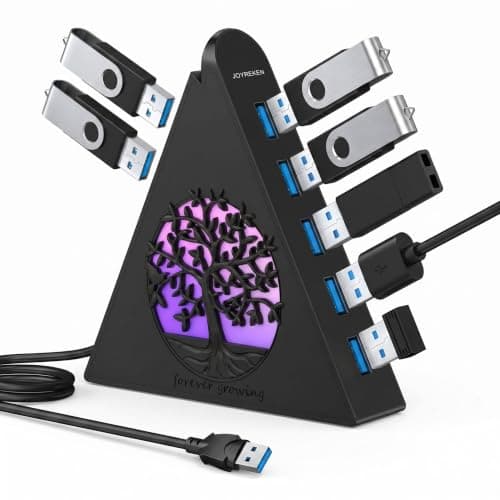 JoyReken 7-Port USB 3.0 Hub, Vertical USB Hub Splitter with RGB Tree Lighting, 5Gbps High-Speed Data Transfer and 2FT Extension Cable, Compatible with PC, MacBook, Laptop, PS5, Xbox, Flash Drive