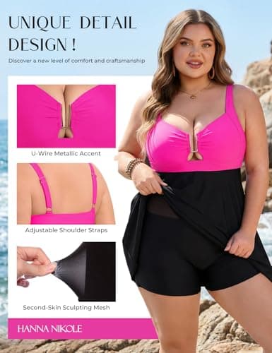 Hanna Nikole Womens Plus Size 1 Piece Swimsuit Tummy Control Bathing Suit Cut Out Metal U-Wire Swim Dress Pink Swimwear 16W — view 3