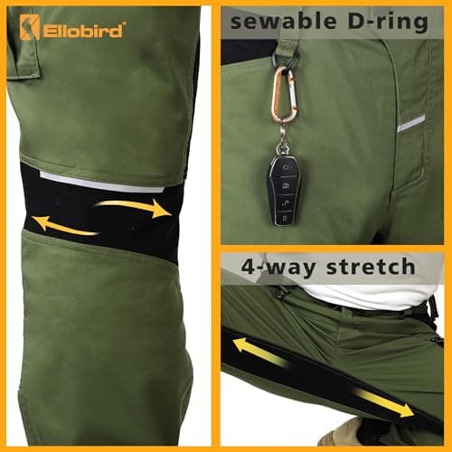 Ellobird Men's Construction Work Utility Pants Relaxed Fit Stretch Flex Cordura Double Knee Reinforcement Carpenter Cargo,(Olive,36W x 30L) — view 3