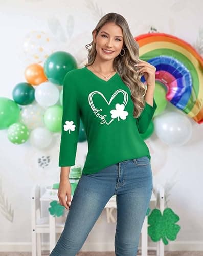 MEESHEEP St Patricks Day Shirt Women 3/4 Sleeve V Neck Irish Lucky Shamrock Tshirt — view 4