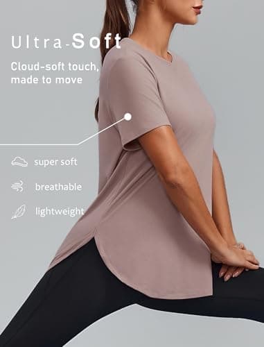 PINSPARK Workout Tops for Women Round Neck Hiking Shirt Short Sleeve Athletic Shirts SPF 50+ Running Top Quick Dry Fitness Clothing, Warm Ash Grey Medium — view 4
