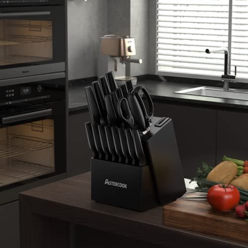 Knife Set, Astercook 21 Pieces Knife Sets for Kitchen with Block, Dishwasher Safe Kitchen Knife Set with Built-in Sharpener, German Stainless Steel Black Knife Block Set, Fathers Day Gift for Men — view 4