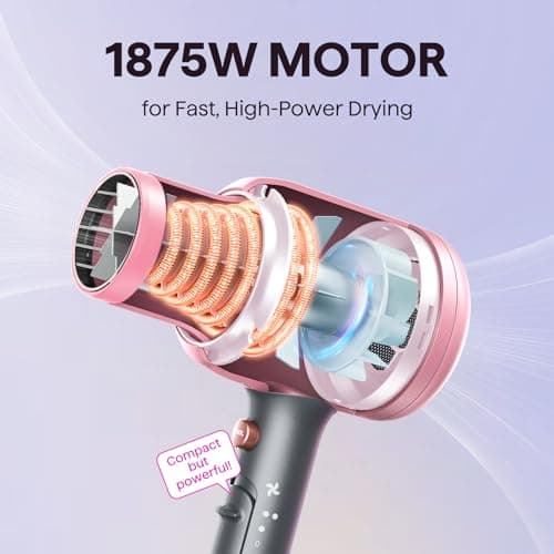Wavytalk Hair Dryer with Diffuser, Blown Away Ionic Hair Dryer for Curly Hair with Comb, 1875W Fast Drying Blow Dryer with Ceramic Technology, 3 Attachments for All Hair Types, Light and Quiet, Rose Pink — view 2
