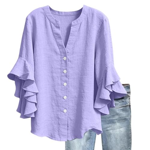 3/4 Ruffle Sleeve Cotton Linen Shirts for Women Dressy V Neck Beach Tunic Tops Elegant Summer Casual Work Blouses Purple