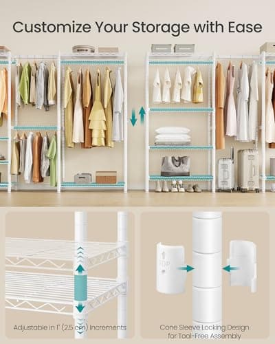 SONGMICS Heavy-Duty Clothes Rack, Extendable Garment Rack, Portable Closet with Adjustable Mesh Shelves and Hanging Rails, Hooks, 15.8 x 69.7-86.6 x 76.4 Inches, White ULGR438WZ01S — view 4