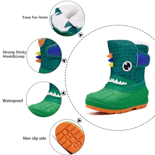 MORENDL Toddler Winter Snow Boots Waterproof Insulated Faux Fur Boys Girls Hiking Boots (Toddler/Little Kid), Greendino, 11 US Little Kid — view 2