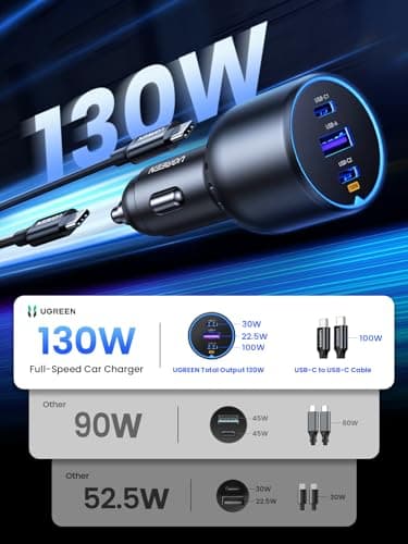 UGREEN 130W Car Charger USB C Fast Charger (with 100W USB C Cable) PD3.0 QC4.0 PPS Fast Charging Car Adapter Compatible with, MacBook, iPhone 17 16 15 14 Pro Max, Galaxy S25 S24 Ultra, iPad