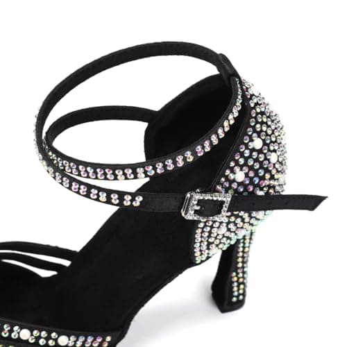 JUODVMP Women's Latin Salsa Dance Shoes Satin with Rhinestones Braided Ballroom Shoes Model L506, L506-black-4" Heel, 7 — view 3
