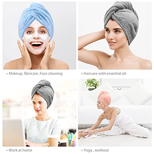 3 Pack Microfiber Hair Towel BEoffer Super Absorbent Hair Wraps for Women Wet Hair, Fast Drying Hair Turban, Hair Caps with Buttons for Drying Curly, Long & Thick Hair Anti Frizz (Gray+Pink+Blue) — view 4
