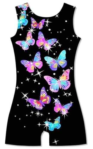 ACOCOPY Girls Black Leotards Sparkly Butterfly Printed Biketards Unitard Sleeveless Stretchy Athletic Outfits With Shorts, little kid