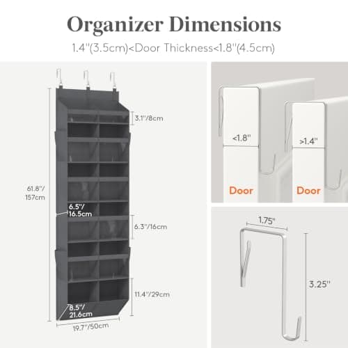 Lifewit 1 Pack Over the Door Organizer, 12 Section Clear Window Hanging Storage with 4 Side Pockets, Sturdy Anti Tilt 40 lbs Load Behind Door for Closet, Bedroom, Bathroom, Nursery, Dorm, Dark Gray