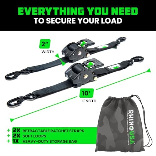 Rhino USA Retractable Ratchet Straps (2-Pack) - 2 Inch x 10 Feet (3,033lb Break Strength) - Heavy Duty Auto Self Retracting Tie Down Straps for Truck, Cargo Trailer, Motorcycle, Rad & More - Black — view 4