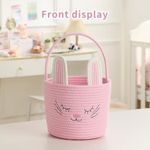 Easter Basket with Handle Woven Baby Gifts Empty Bunny Basket For Girls Boys Kids Gift Baby Shower Wedding Flower (Pink) — view 4
