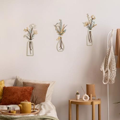 Pigort 3 Pieces Metal Flowers Wall Arts - Rustic Farmhouse Decor Beige Minimalist Flower Wall Decors for Living room Bathroom Bedroom Dining Room-Housewarming Gifts (Beige, Vase-C) — view 4