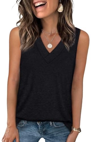 WIHOLL Womens Tank Tops Casual Loose Fit Spring Summer V Neck Outfits Sleeveless Black T Shirts Trendy Plain Cute Basic Business Dressy Clothes Fashion 2026 S