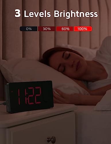 Projection Alarm Clock, Digital Clock with 180° Rotatable Projector, 3-Level Brightness Dimmer, Clear LED Display, USB Charger, Progressive Volume, 9mins Snooze,12/24H, Digital Alarm Clock for Bedroom — view 3