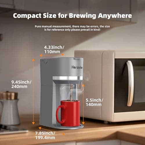 Horavie Mini Single Serve Coffee Maker for K Cup Pods and Grounds, Fast Brew One Cup Coffee Machine with Descaling Reminder and Water Window, 6 to 12 oz. Brew Sizes, Gray — view 5