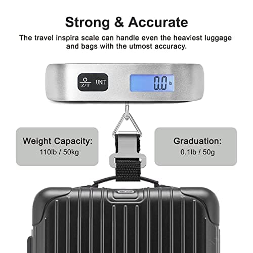 travel inspira Luggage Scale, Portable Digital Hanging Baggage Scale for Travel, Suitcase Weight Scale with Rubber Paint, 110 Pounds, Battery Included - Silver — view 4