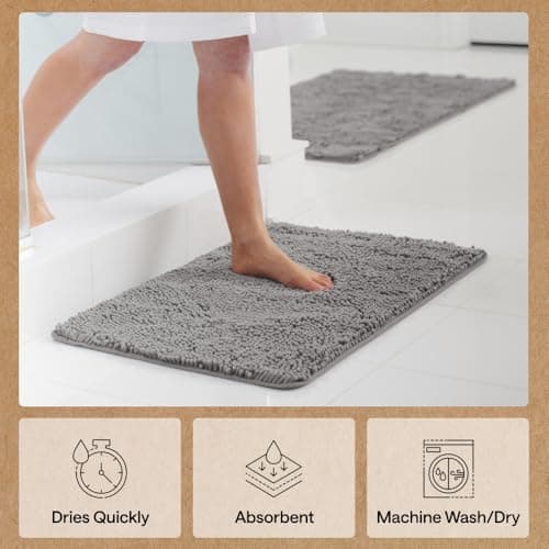 GORILLA GRIP Bath Mat, Thick Soft Absorbent Chenille Floor Mats, Rubber Backing Bathmat, Quick Dry Rug, Machine Washable Rugs for Shower and Tub Floors, Bathroom Accessories Decor, 61x43 cm, Grey — view 6