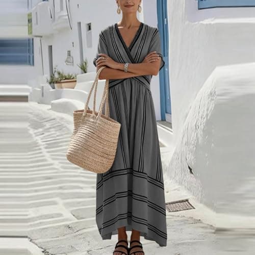 Women's Summer Boho Striped Print Midi Dress Short Sleeve Deep V Neck Criss Cross Empire Waist Flowy Beach Dress Gray-L — view 5