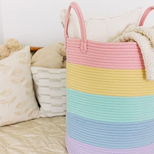 OrganiHaus Tall Rainbow Basket with Handles, Woven Cotton Rope Laundry Basket, Rope Baskets for Dirty Clothes,Towels and Blankets, Large Decorative Storage Bin for Bedroom - 38x45cm — view 3