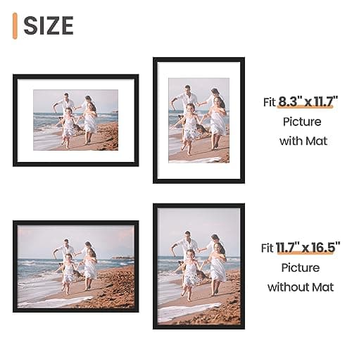 upsimples A3 Picture Frame, Display Pictures 8.3x11.7 with Mat or 11.7 x 16.5 Without, Wall Hanging Poster Frames, Black, 1 Pack — view 2
