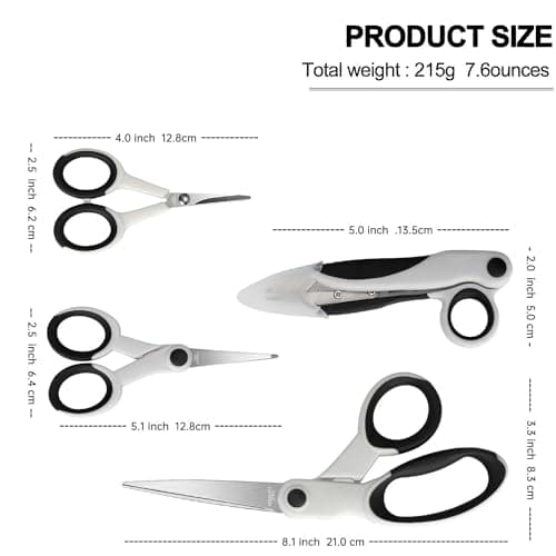SCAIKTIG Premium Sewing Scissors Bundle, 8" Heavy Duty Fabric, 5" Embroidery, 4" Small Detail Scissors, 5" Thread Snips, Tailoring, Dressmaking, Quilting, Arts&Craft Supplies, White — view 2