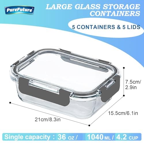 Pure Future 10-Piece Set (5-Pack, 36oz) Borosilicate Glass Food Storage Containers with Upgraded Detachable Locking Lids - Leak Proof Meal Prep Lunch Boxes, Oven/Microwave Safe — view 4