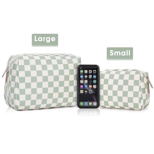 Narwey Checkered Makeup Bag Travel Cosmetic Bag Organizer Toiletry Bag Make Up Bags with Compartments for Women Girls (Large, Mint Green Checkerboard) — view 6