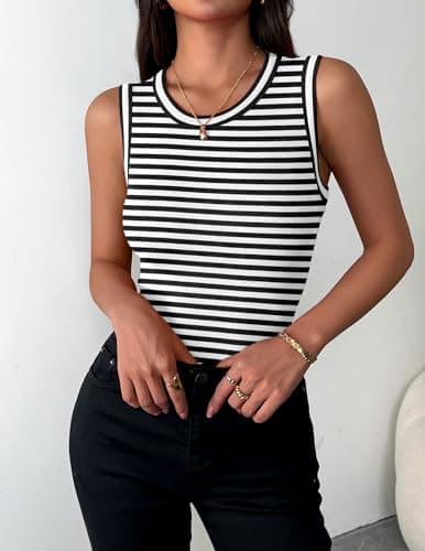 Zeagoo High Neck Tank Tops for Women 2026 Summer Striped Ribbed Knit Sleeveless Shirts Fitted Basic Undershirts — view 4