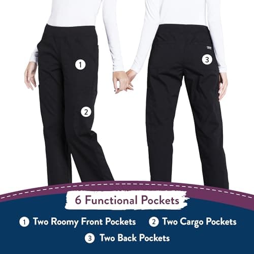 Cherokee Women's Scrub Pants Mid Rise Straight Leg Pull-on Cargo Pant with 6 Pockets & 2-Way Stretch Fabric - WW170, L, Black — view 6