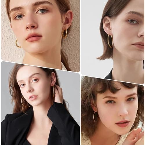 PICKBEAU Gold Large Hoop Earrings for Women | 14K Real Gold Plated Hypoallergenic Big Round Circle Hoops Women's Loop Earrings Set for Women(30/40/50/60mm) — view 3