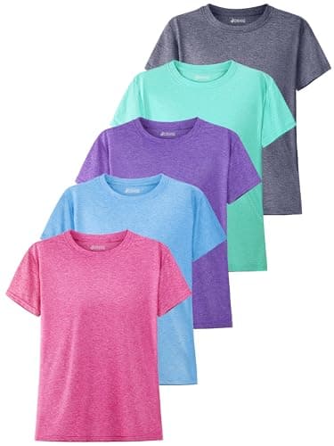 JORHIG 5 Pack Girls Shirts Athletic Dry-Fit T-Shirts Short Sleeve Summer Crew Neck Tops for Girls Kids Teens Set A 12-14Y