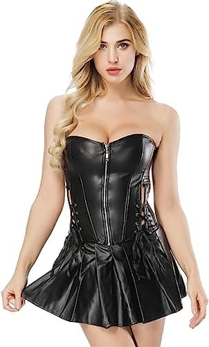 KSHUN Women's Plus Size Leather Steampunk Corset Skirt Set Sexy Punk Rock Gothic Corset Dress (Black,3X-Large) — view 5