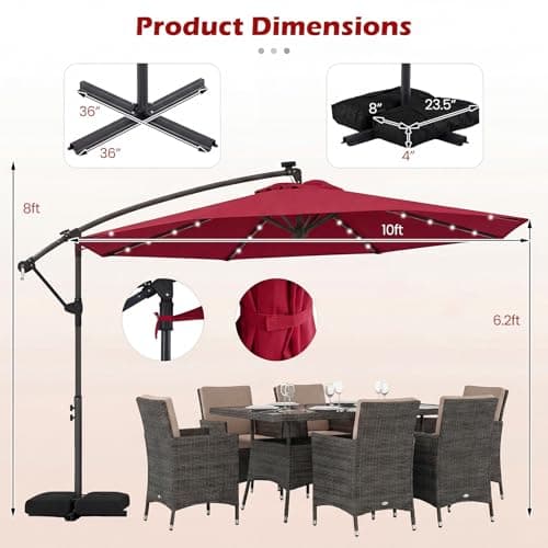 Tangkula 10ft Solar Patio Umbrella with Base Included, Offset Cantilever Outdoor Umbrella with 32 LED Lights, Infinite Tilt, 360 Degree Rotation, Crank Handle for Pool Deck Garden Backyard (Wine) — view 5