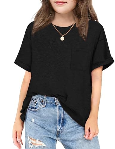 Arshiner Short Sleeves Tops for Teen Girls Crewneck Blouses Oversized Shirts for Girls Cute Black Kids Clothes with Pocket 11Years