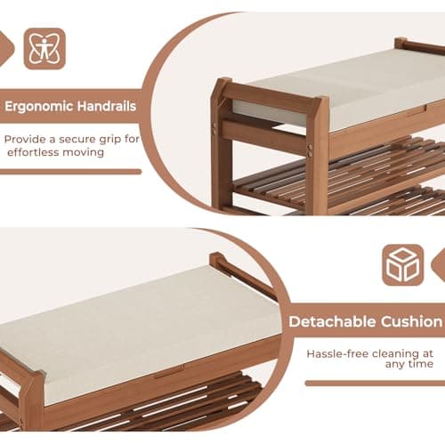 ACSWOD 27.6" Bamboo Shoe Bench with Cushion, 2-Tier Storage Bench for Entryway, Heavy Duty Shoe Rack Organizer with Removable Soft Cushion for Living Room Bedroom Hallway — view 5