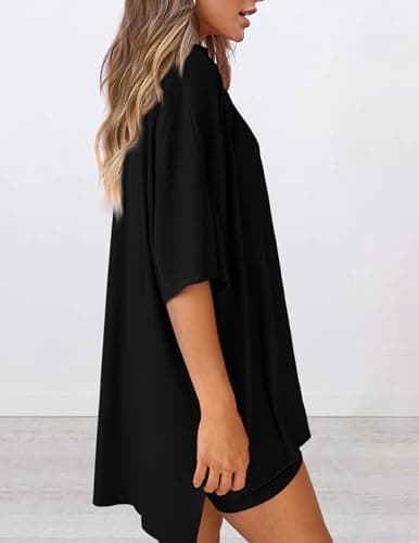 PRETTYGARDEN Women 2 Piece Lounge Set 2026 Summer Casual Oversized Shirts Biker Shorts Matching Airport Travel Outfit Clothes (Black,Small) — view 4