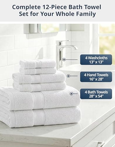 LANE LINEN Luxury Bath Towels Set - 12 Piece Set, 100% CottonBathroom Towels, Zero Twist, Shower Towels, Extra Absorbent Bath Towel, Super Soft, 4 Bath Towels, 4 Hand Towels, 4 Wash Cloths - White — view 3
