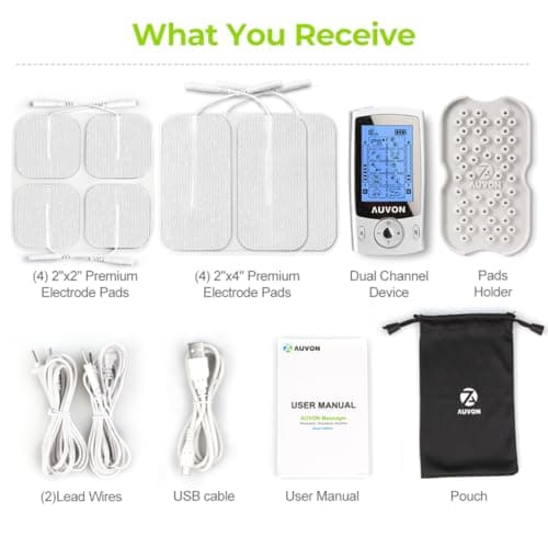AUVON Dual Channel TENS Unit Muscle Stimulator Machine with 20 Modes, 2" and 2"x4" TENS Unit Electrode Pads — view 7