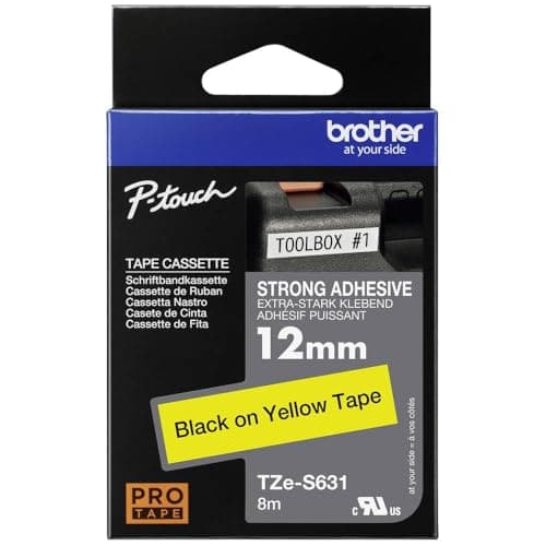 Brother Genuine P-touch TZE-S631 Tape, 1/2" (0.47") Wide Extra-Strength Adhesive Laminated Tape, Black on Yellow, Laminated for Indoor or Outdoor Use, Water-Resistant,0.47" x 26.2' (12mm x 8M),TZES631