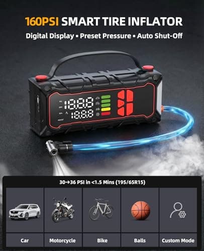 5000A Car Battery Jump Starter with Air Compressor 160PSI, Car Battery Charger 7.0L Gas/6.0L Diesel, Jumper Box for Car Battery with Tire Inflator & Power Bank& Jumper Cables, Father's Day — view 3