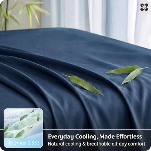 Bedsure King Size Sheets Set, Cooling Sheets for Hot Sleepers, Rayon Derived from Bamboo, PureWoven, Breathable & Soft, Deep Pocket Up to 16 Inches, Hotel Luxury Silky Bedding, Navy — view 3