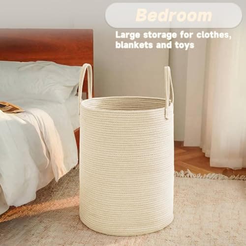 JMvicyroam Large Woven Laundry Basket Hamper,60L Cotton Rope Storage Bin for Blankets,Toys and Clothes,Decorative Tall Nursery Hamper for Living Room,Baby Nursery,Bathroom and Bedroom,Beige — view 3