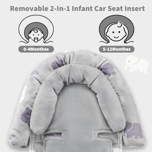 Baby Car Seat Head Support with Extra Headrest, 2-in-1 Babybody Supports with Shoulder Pads Set for Newborn, Adjustable Infant Car Seat Insert Compatible with Stroller, Baby Swing, (Grey Elephant) — view 2
